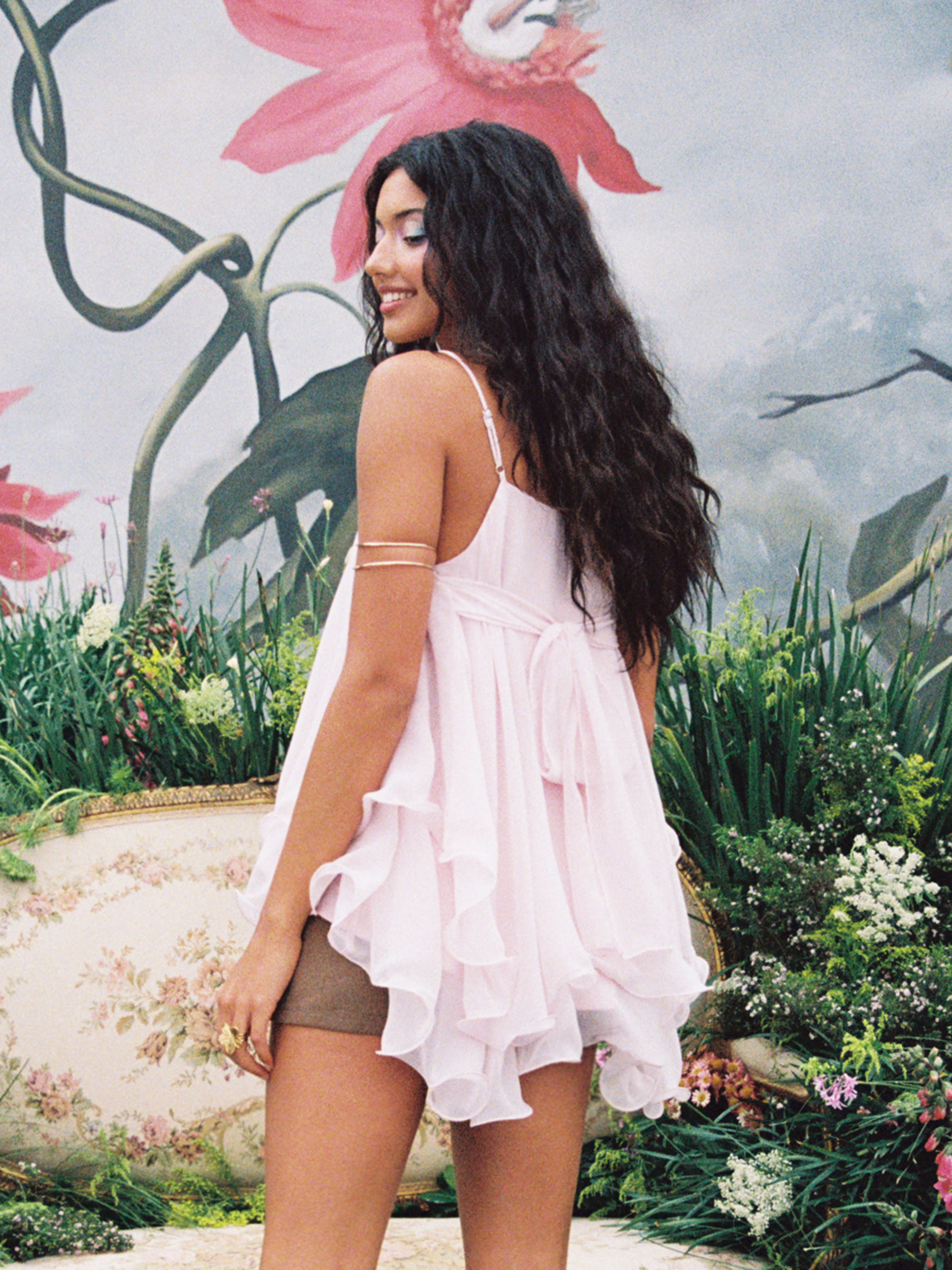 Ruffle Hem Knotted Layered Mesh Cami Top