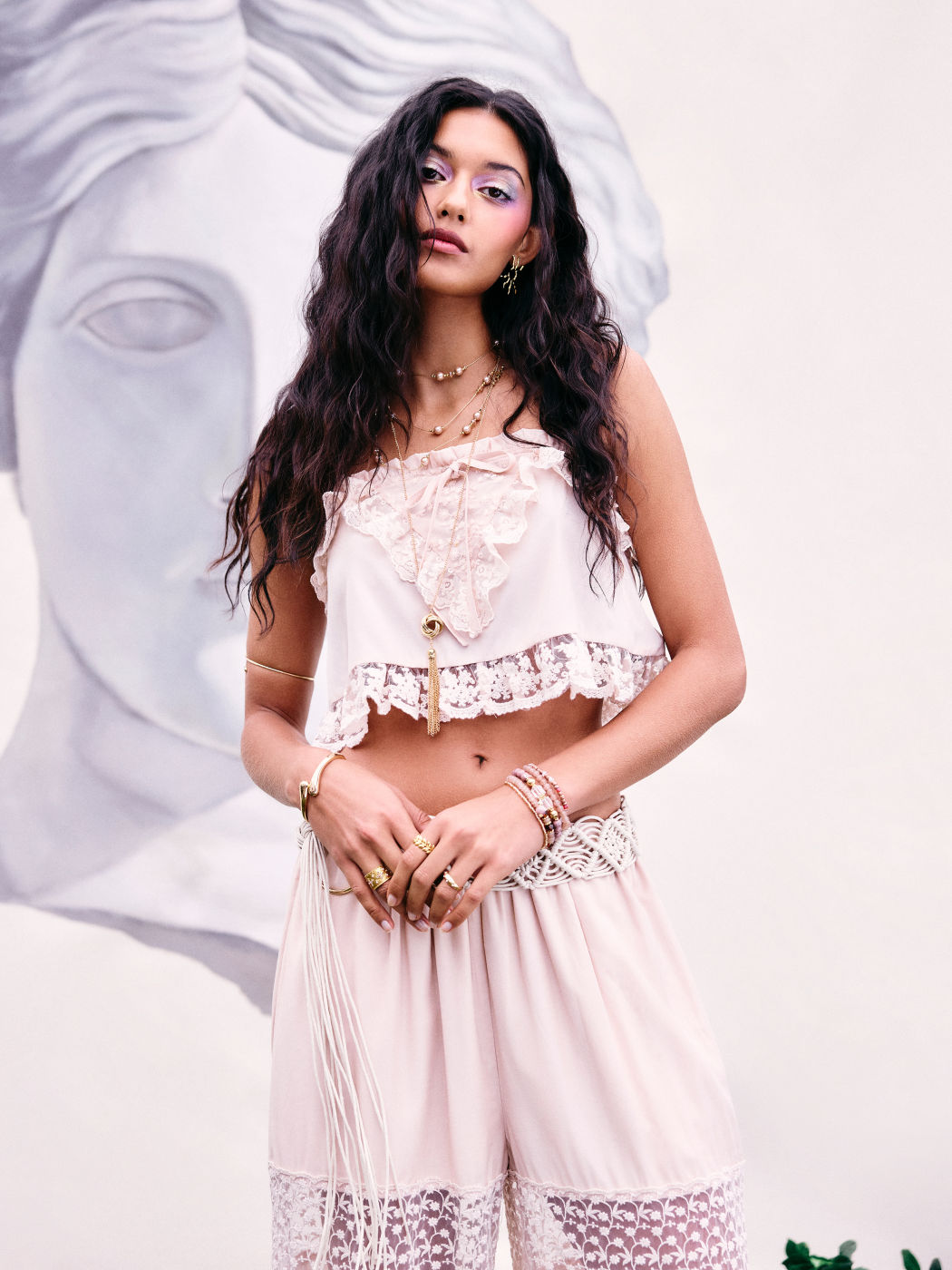 Square Neck Lace Ruffle Hem Knotted Crop Cami Top