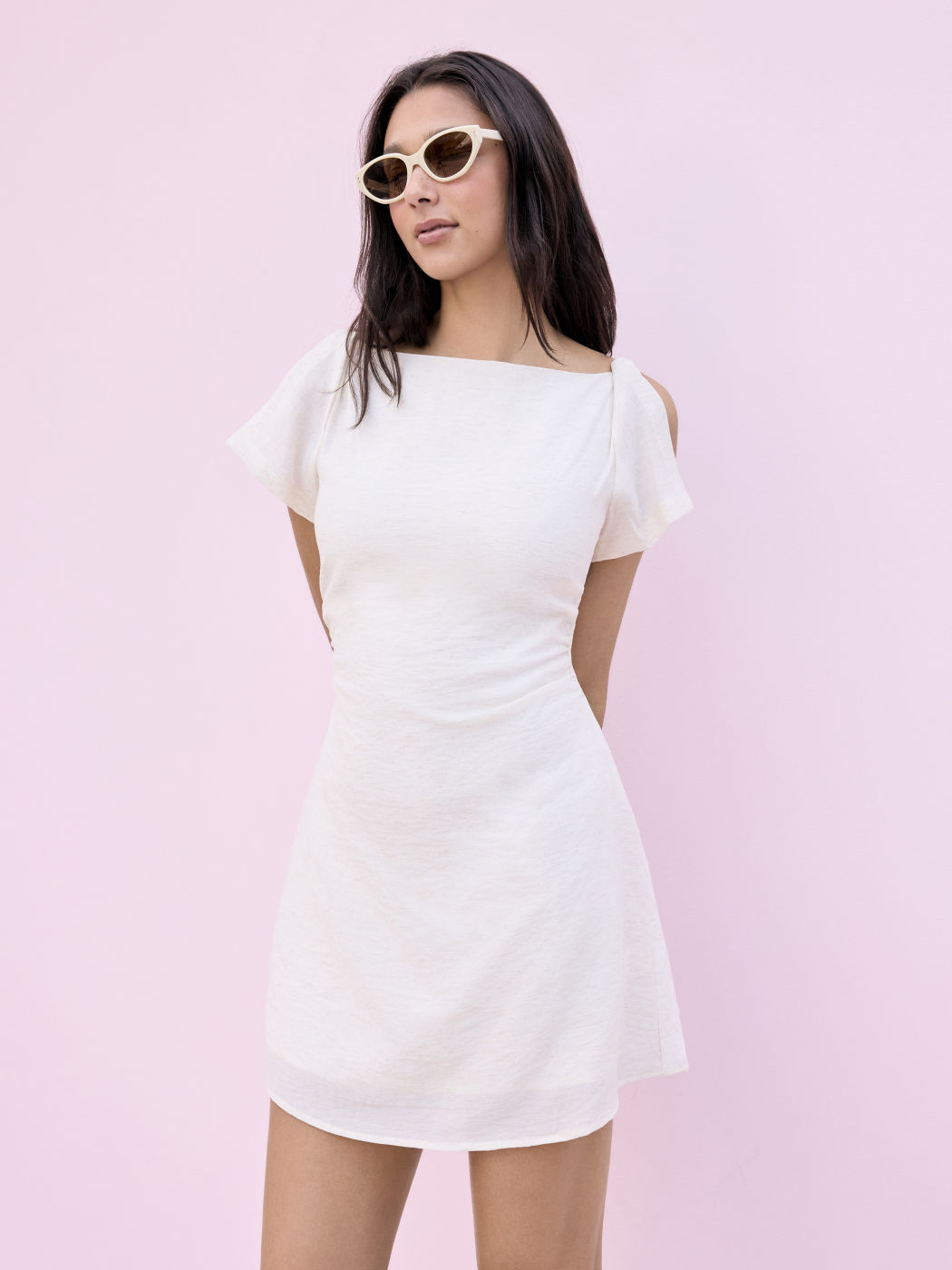 Linen-blend Boat Neck Ruched Cut Out Sleeve Mini Dress