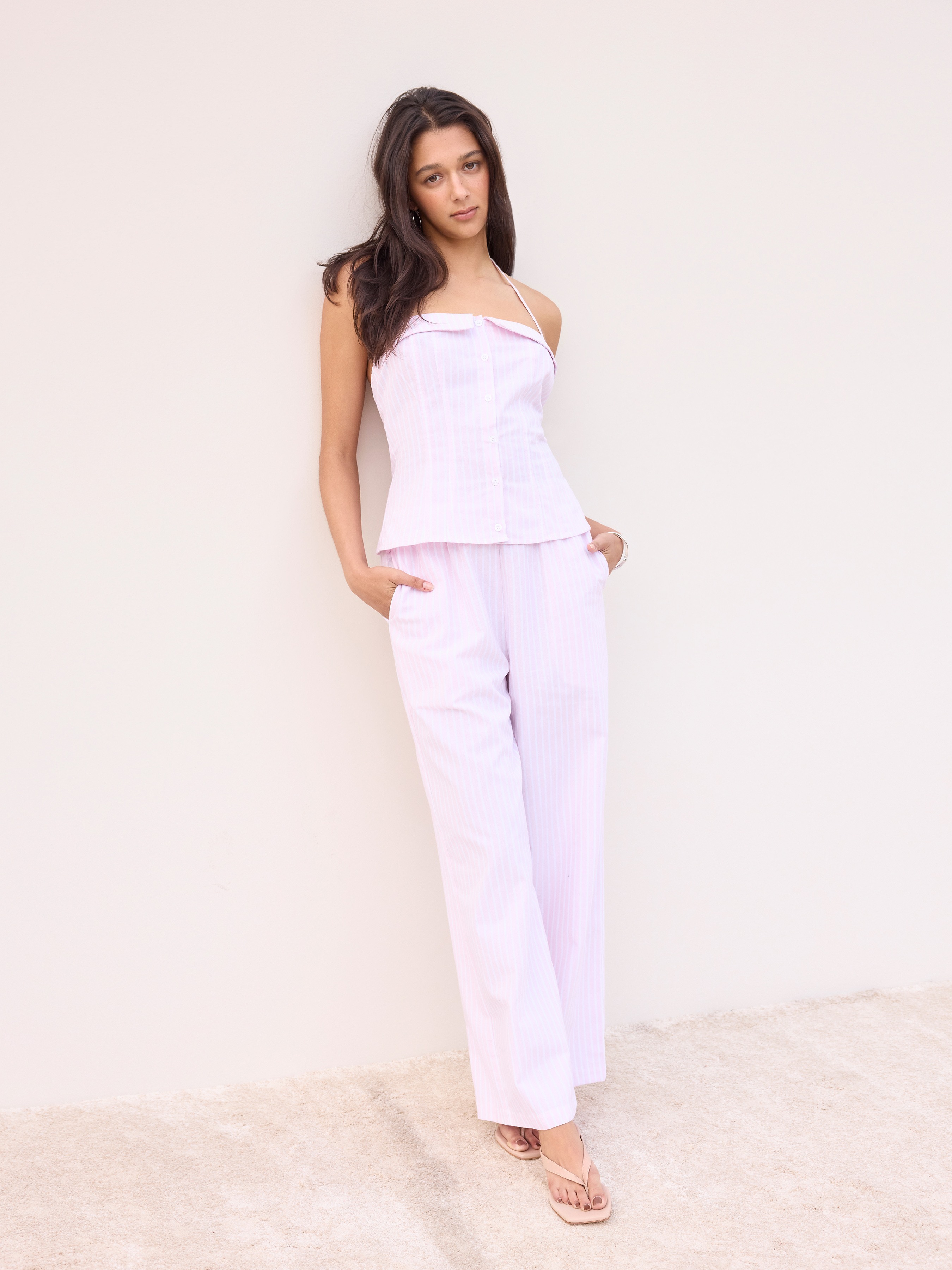 Linen-blend Linen-blend Halter Neckline Stripe Cami Top & Mid Rise Straight Leg Trousers For Work