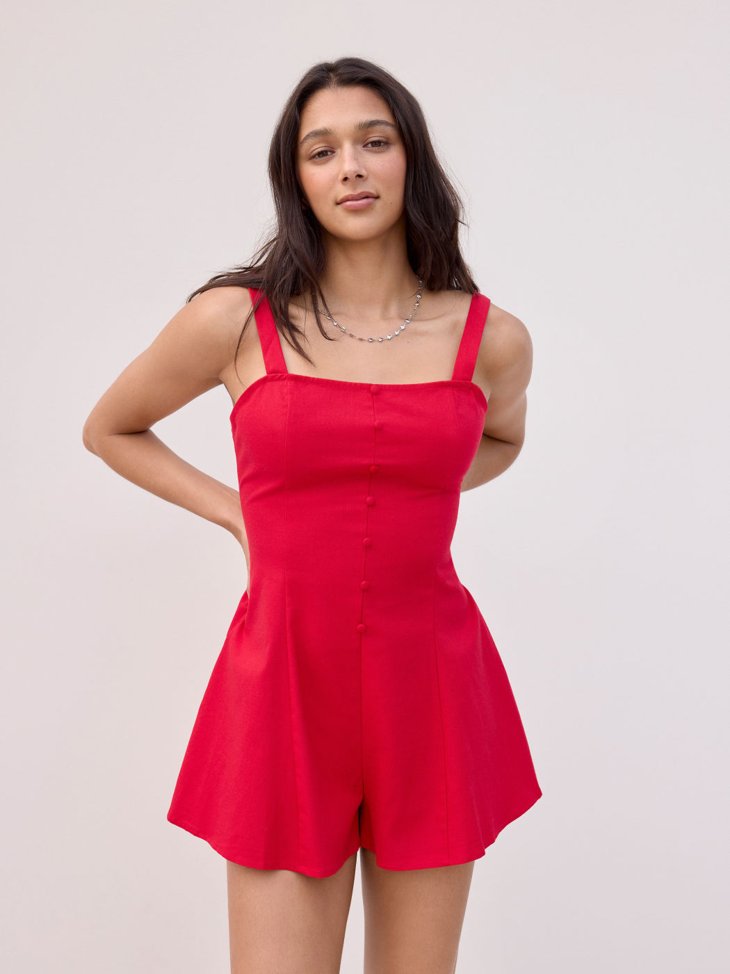 Linen-blend Square Neck Bowknot Backless Romper