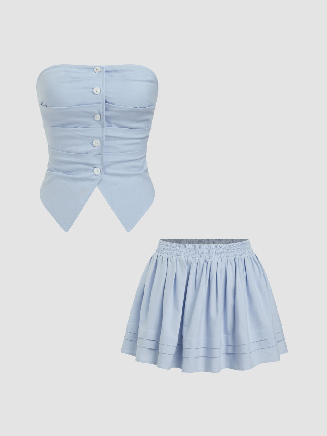 Linen-blend Ruched Shirred Bandeau Crop Top With Mid Rise Elastic Waist Stripe Mini Skirt Set