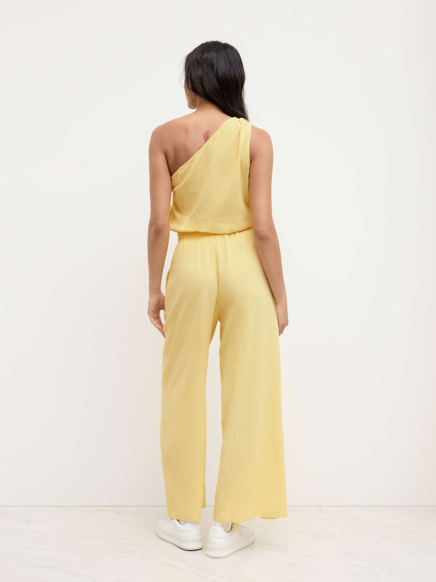 Linen-blend Asymmetrical Neck Drawstring Jumpsuit