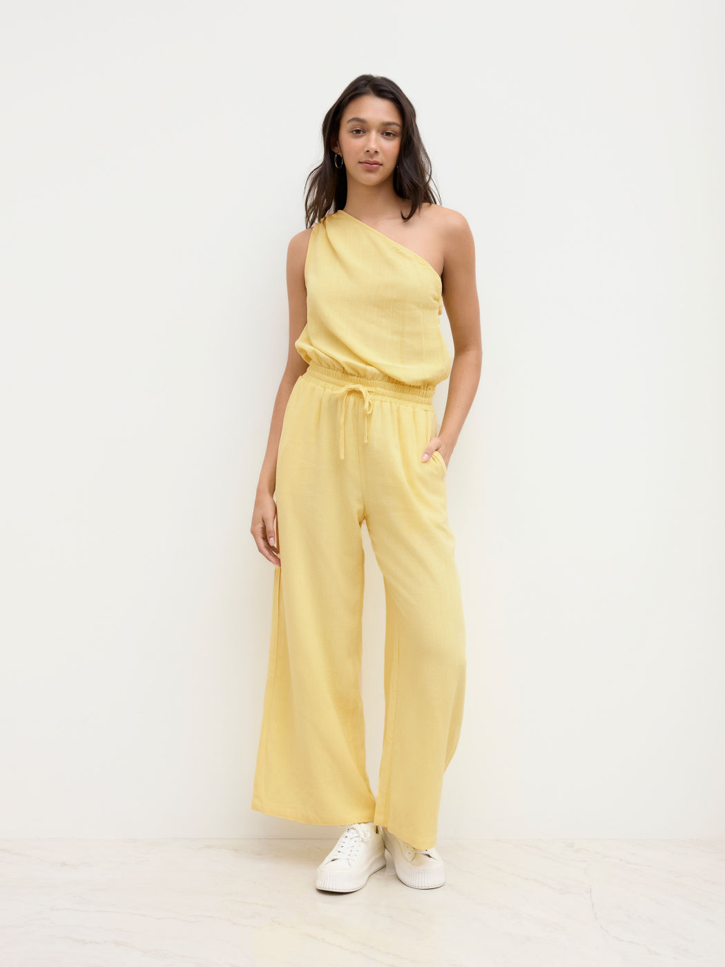 Asymmetrisch halsiges Reißverschluss-Overalls aus Leinenmischung