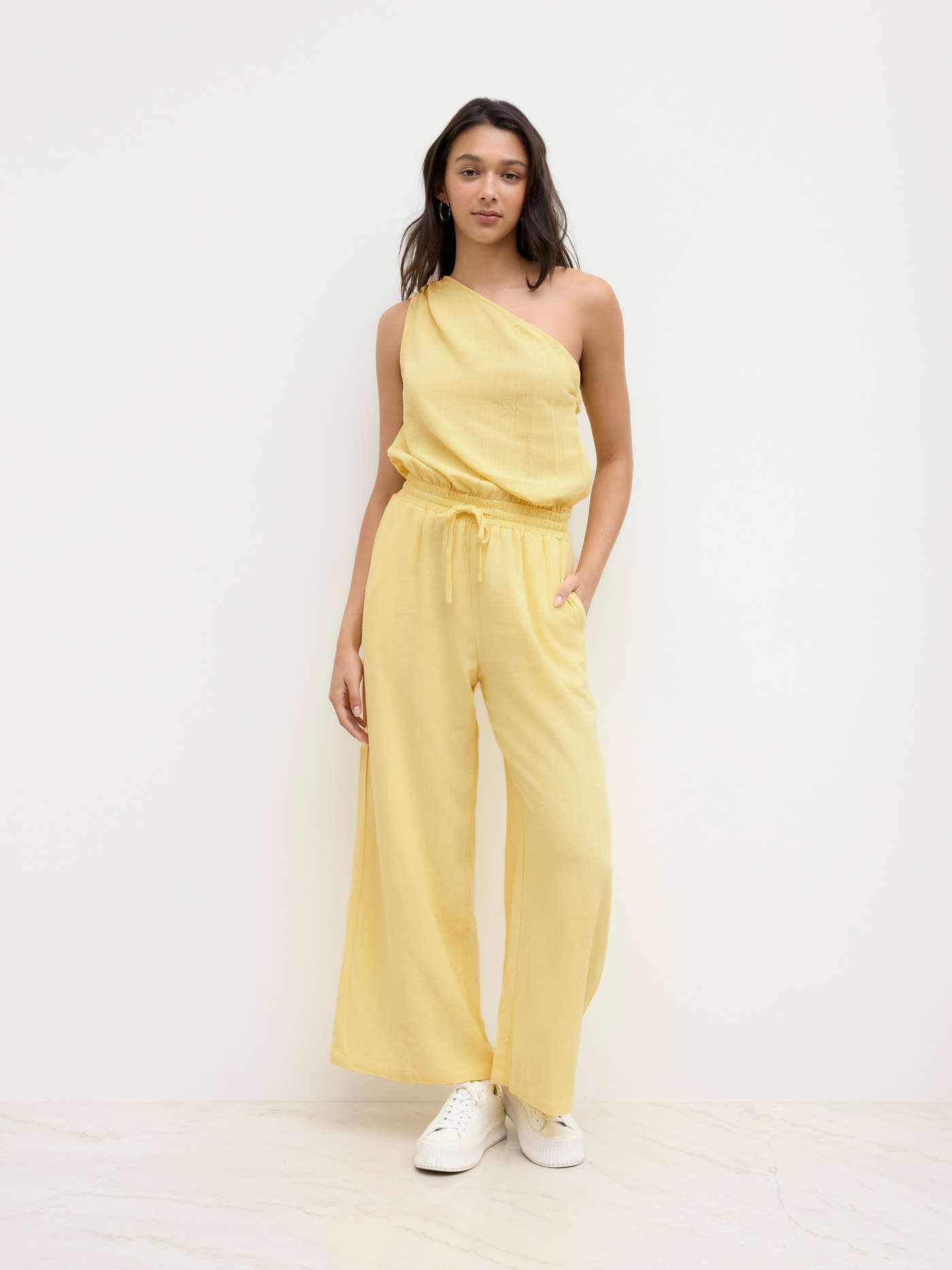 Linen-blend Asymmetrical Neck Drawstring Jumpsuit