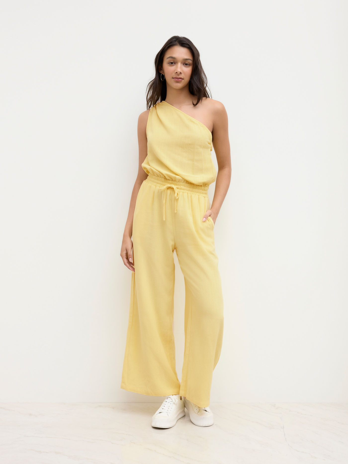 Linen-blend Asymmetrical Neck Drawstring Jumpsuit