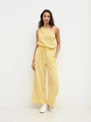Asymmetrisch halsiges Reißverschluss-Overalls aus Leinenmischung