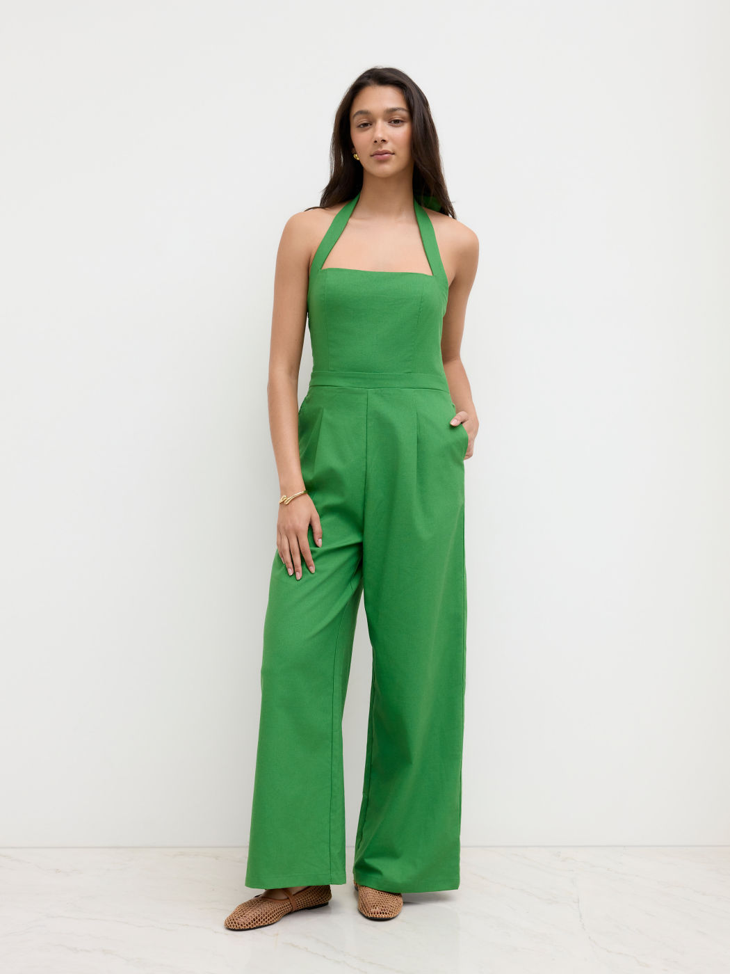 Linen-blend Halter Neckline Knotted Wide Leg Jumpsuit