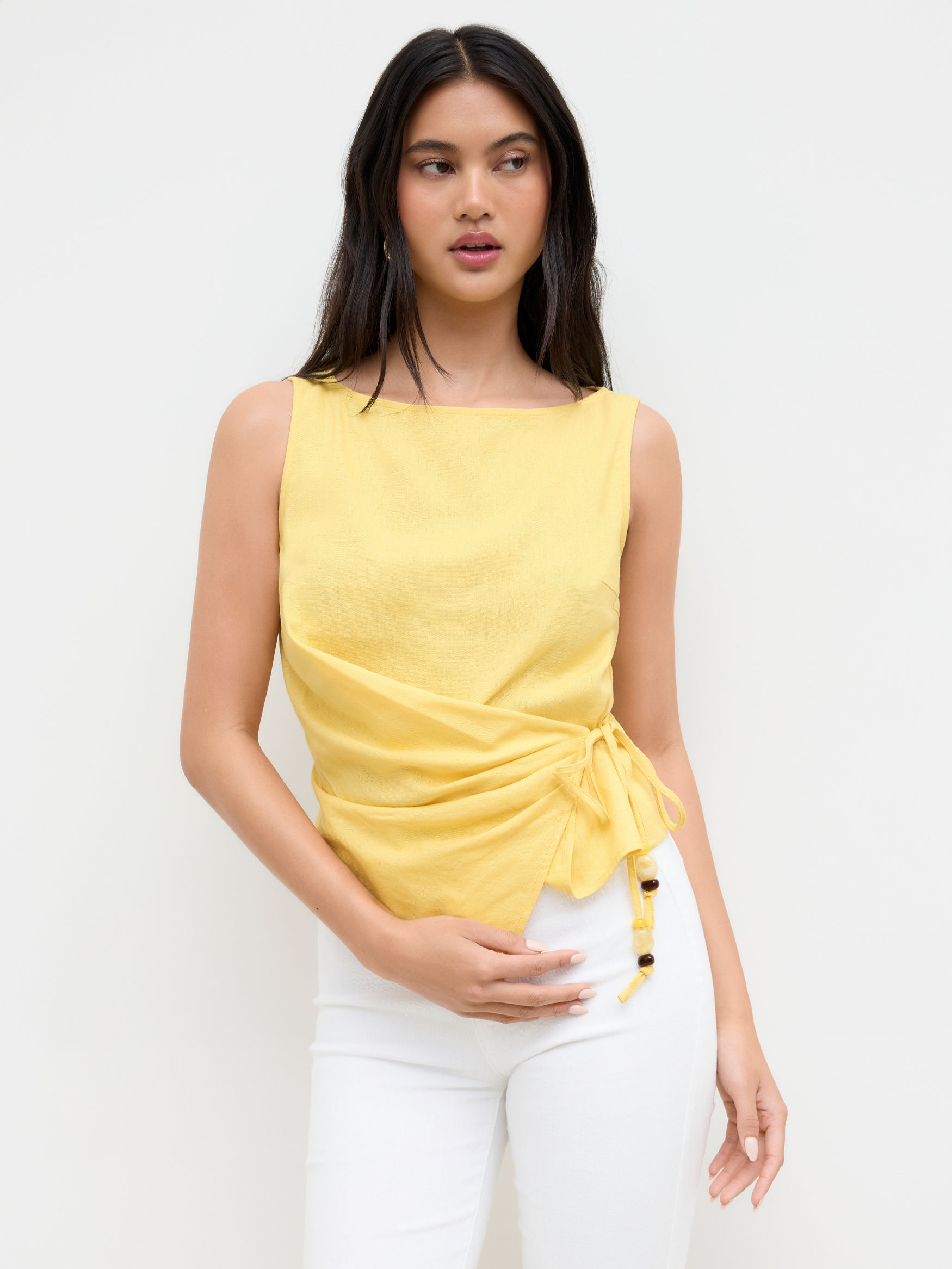 Linen-blend Beaded Knotted Ruched Tank Top