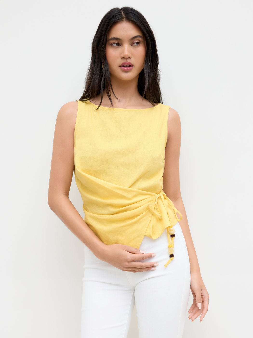 Linen-blend Beaded Knotted Ruched Tank Top