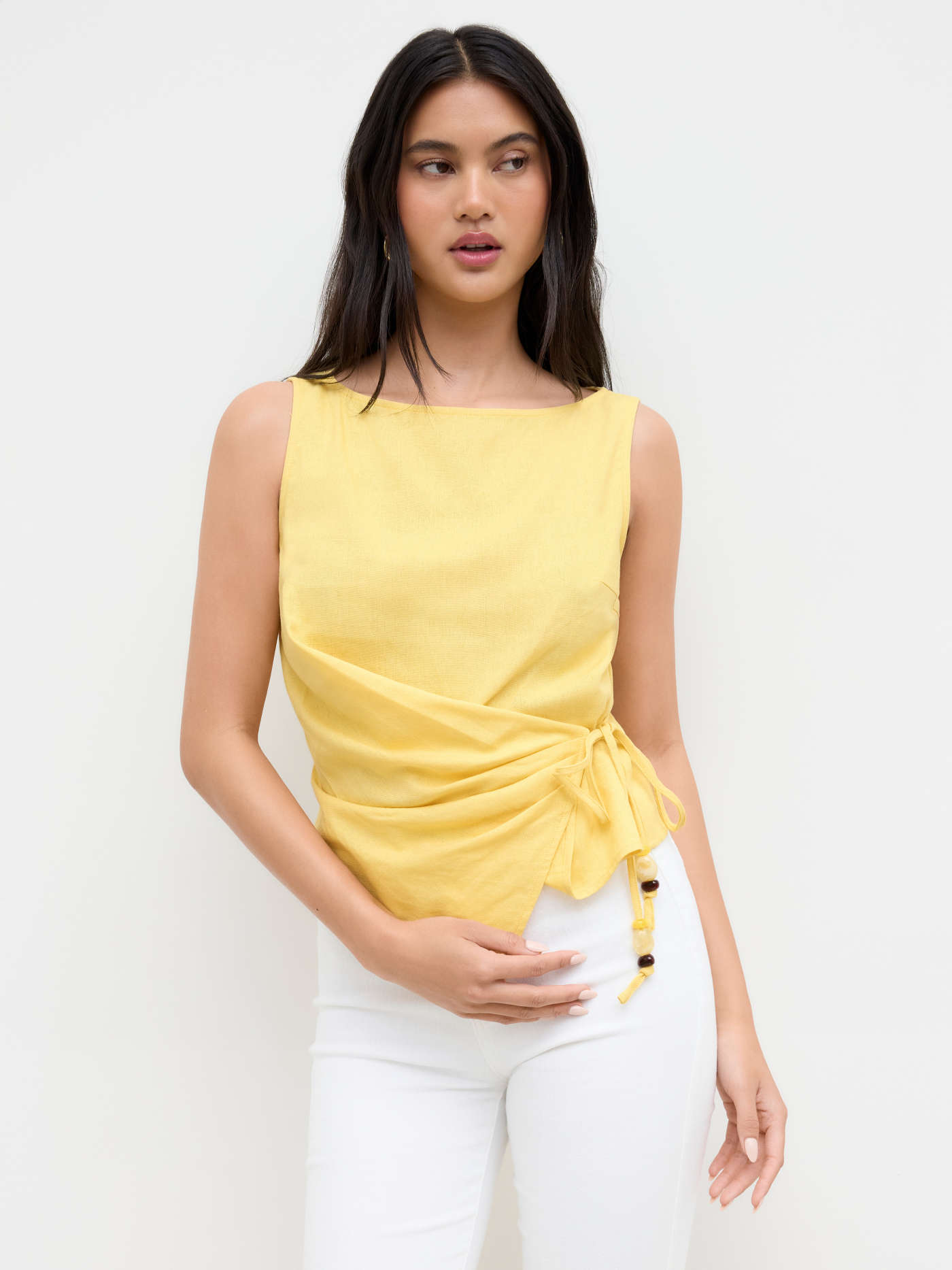 Linen-blend Beaded Knotted Ruched Tank Top