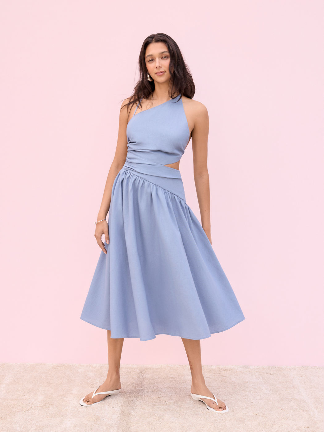 Linen-blend Asymmetrical Neck Cut Out Ruched Backless Midi Dress