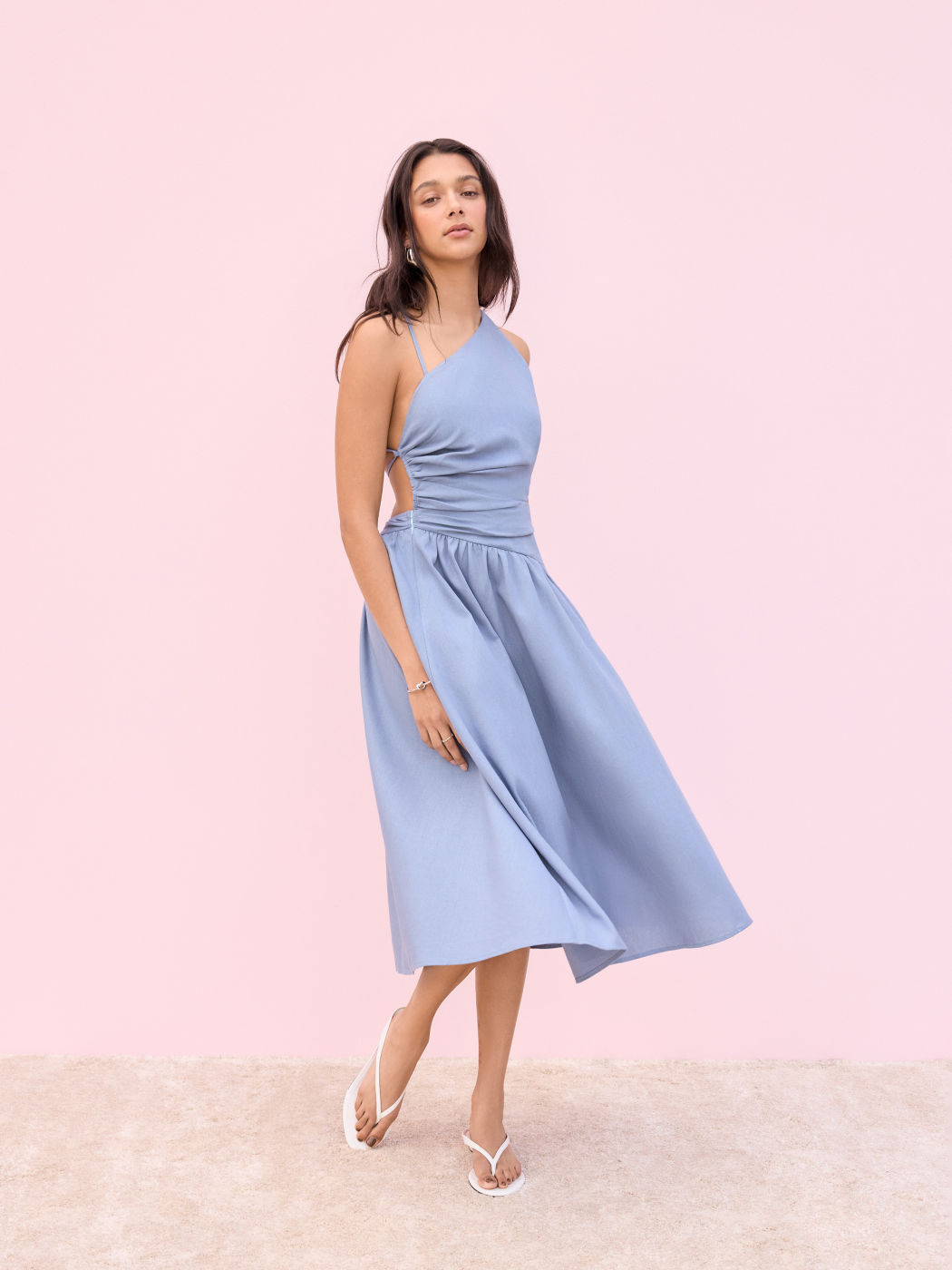 Linen-blend Asymmetrical Neck Cut Out Ruched Backless Midi Dress
