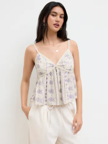 Linen-blend V-neck Floral Lace Trim Ruffle Tank Top