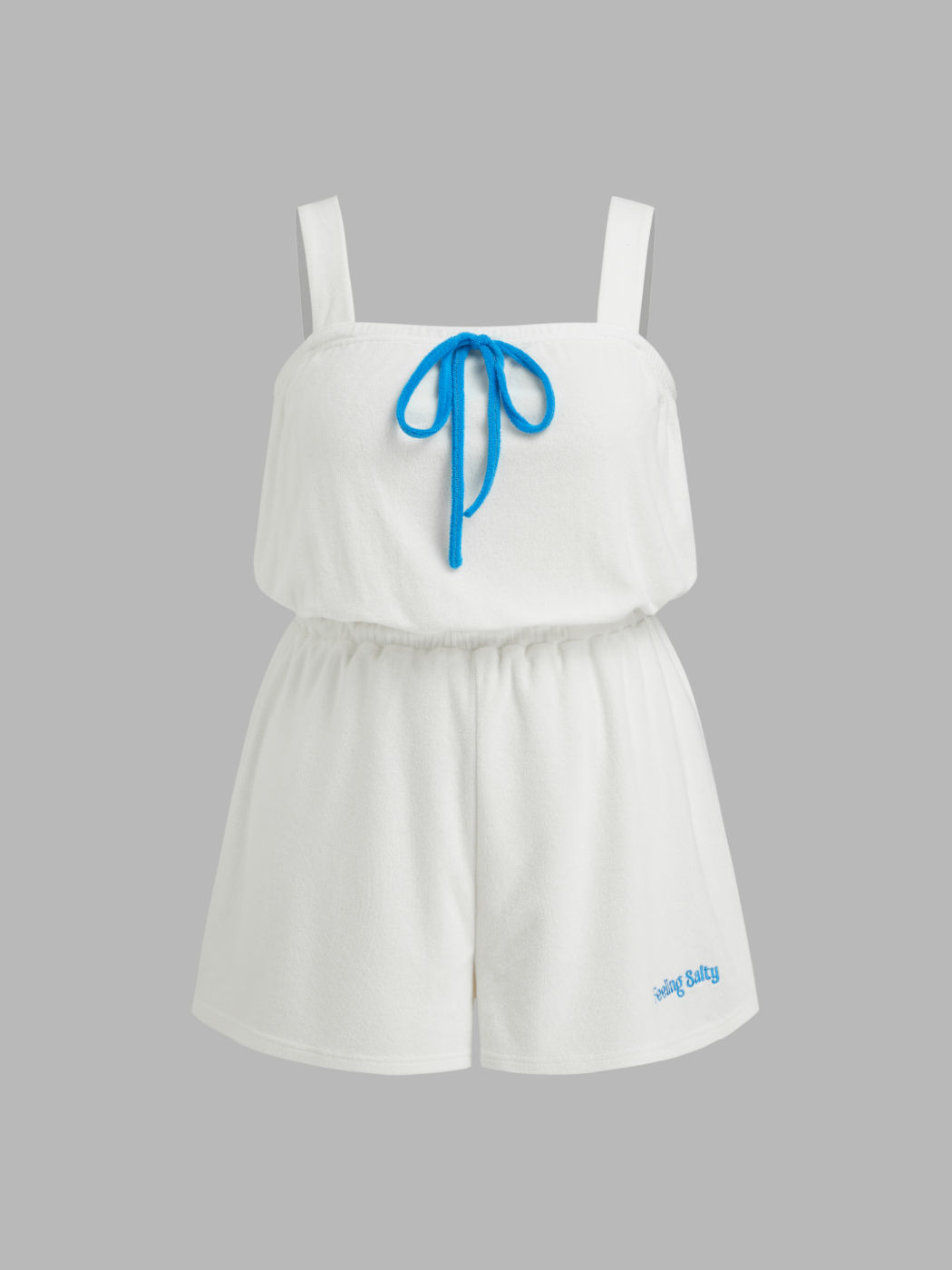 Terry Square Neck Feeling Salty Embroidery Drawstring Knotted Romper Curve & Plus