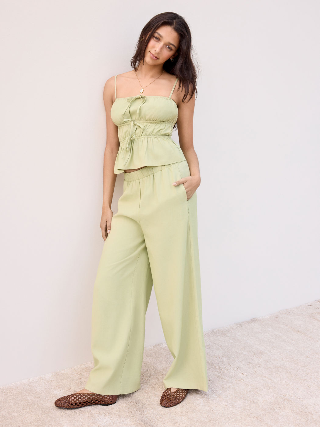 Linnen-Mischung Schleifenknoten Shirred Cami-Top & Mittelhohe elastische Bund Hose Set