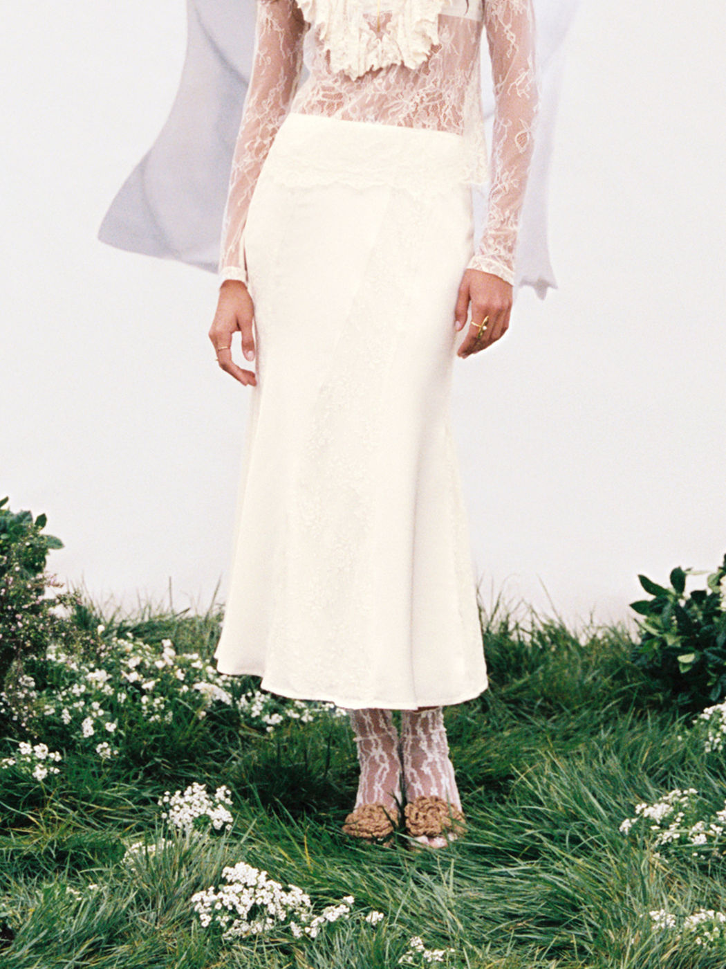 Lace Mid Rise Patched Mermaid Maxi Skirt