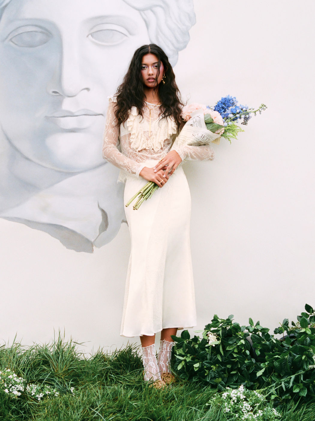 Lace Mid Rise Patched Mermaid Maxi Skirt