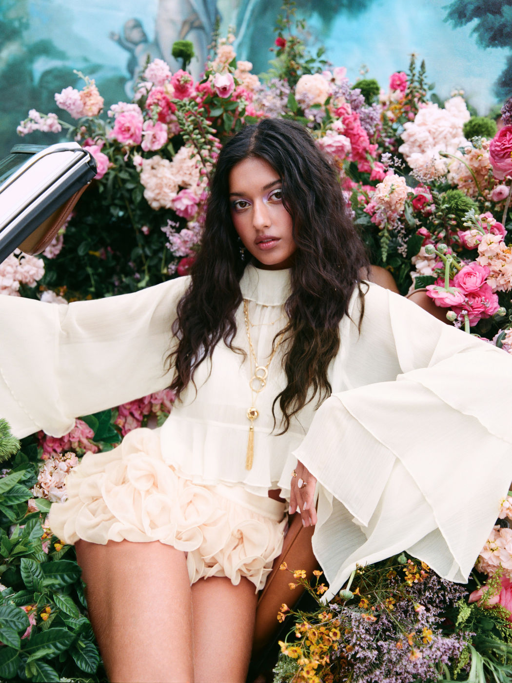 Chiffon High Neck Ruffle Dolman sleeve See-Through Crop Blouse