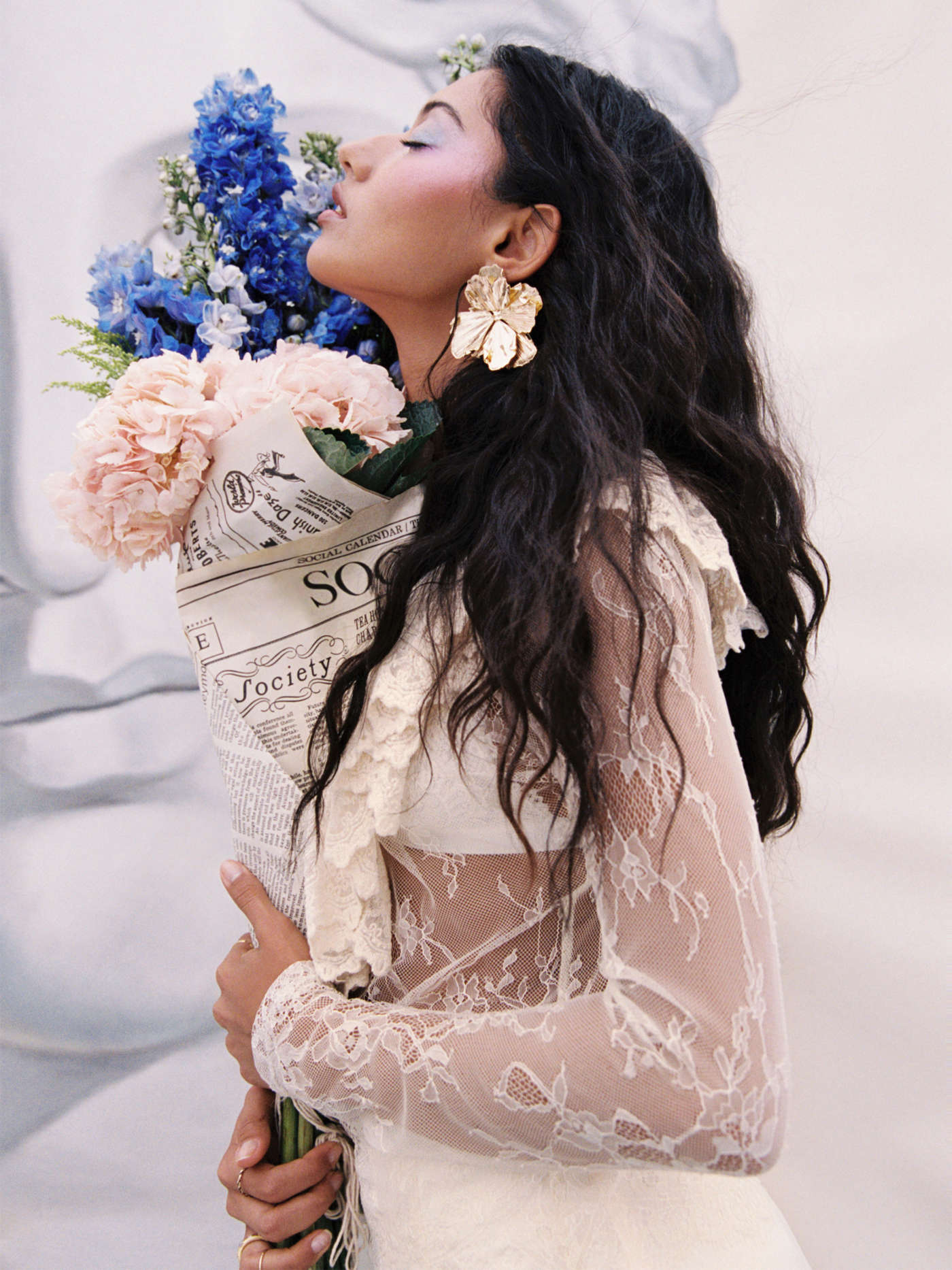 Lace Boat Neck See-through Ruffle Hem Long Sleeve Top