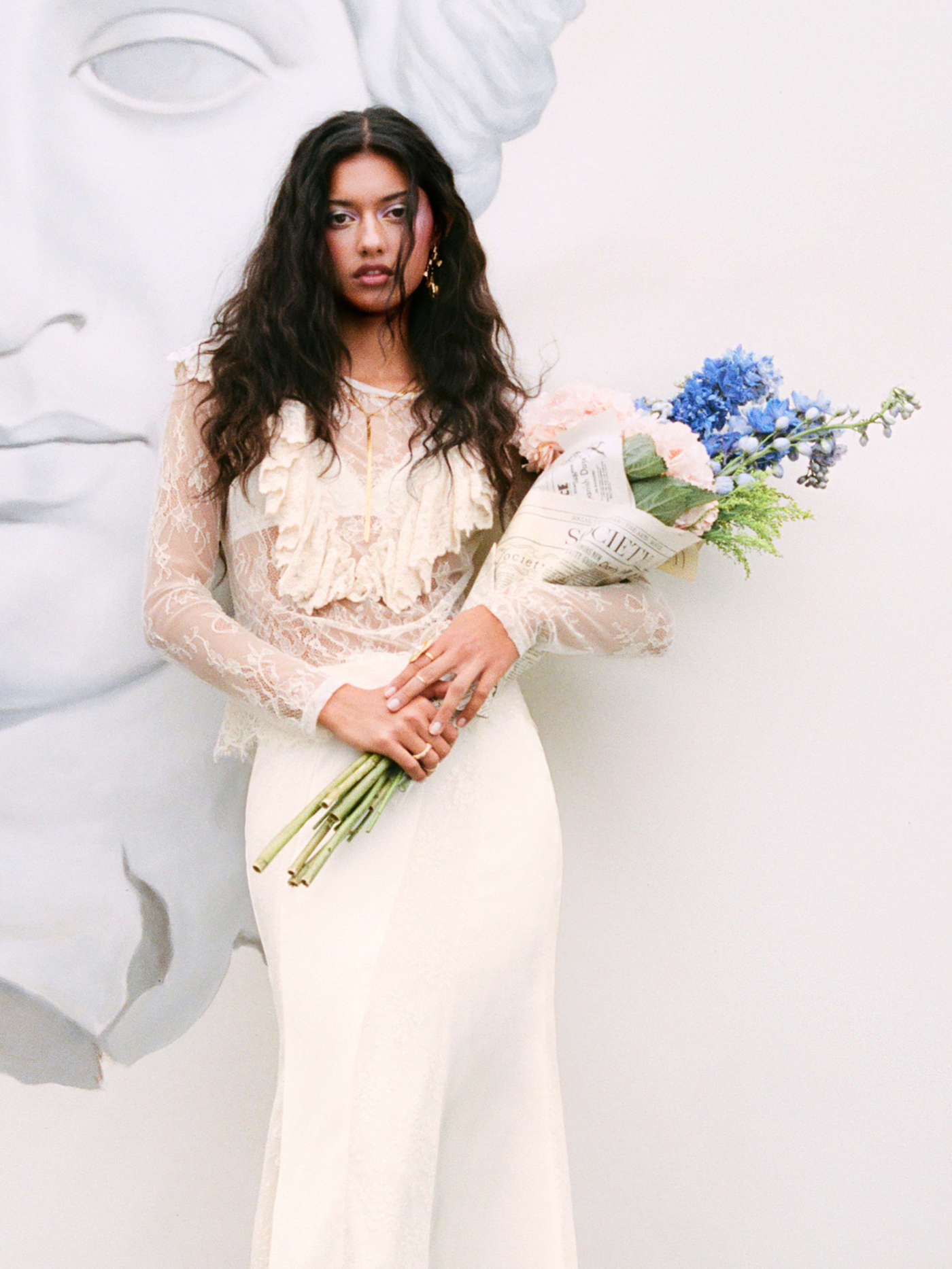 Lace Boat Neck See-through Ruffle Hem Long Sleeve Top