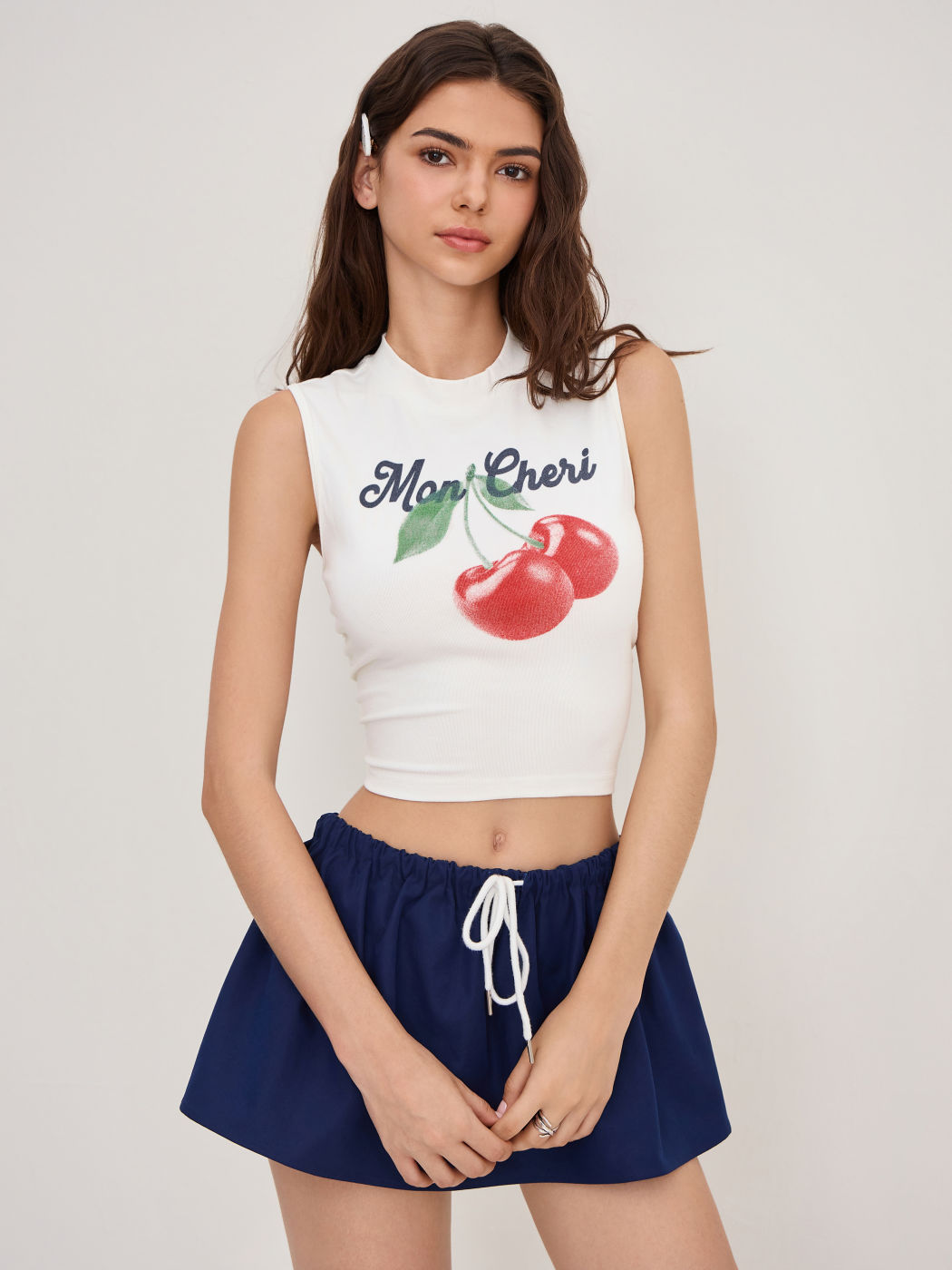 Round Neckline Cherry Graphic Ruched Crop Tank Top
