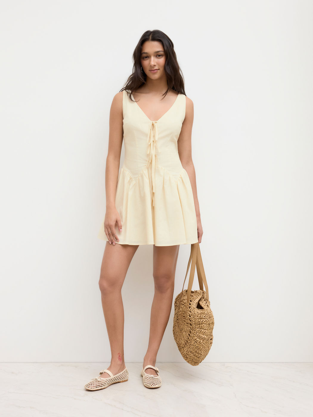 Linen-blend V-neck Tie Front Bow Ruffle Mini Dress