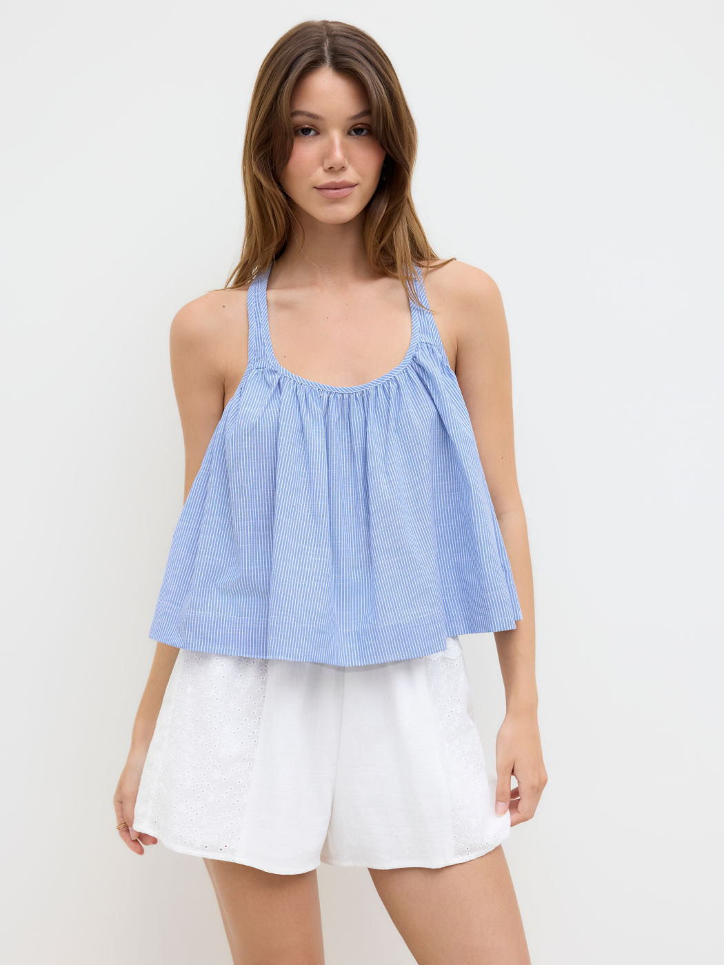 Cotton-blend Stripe Ruched Criss Cross Cami Top