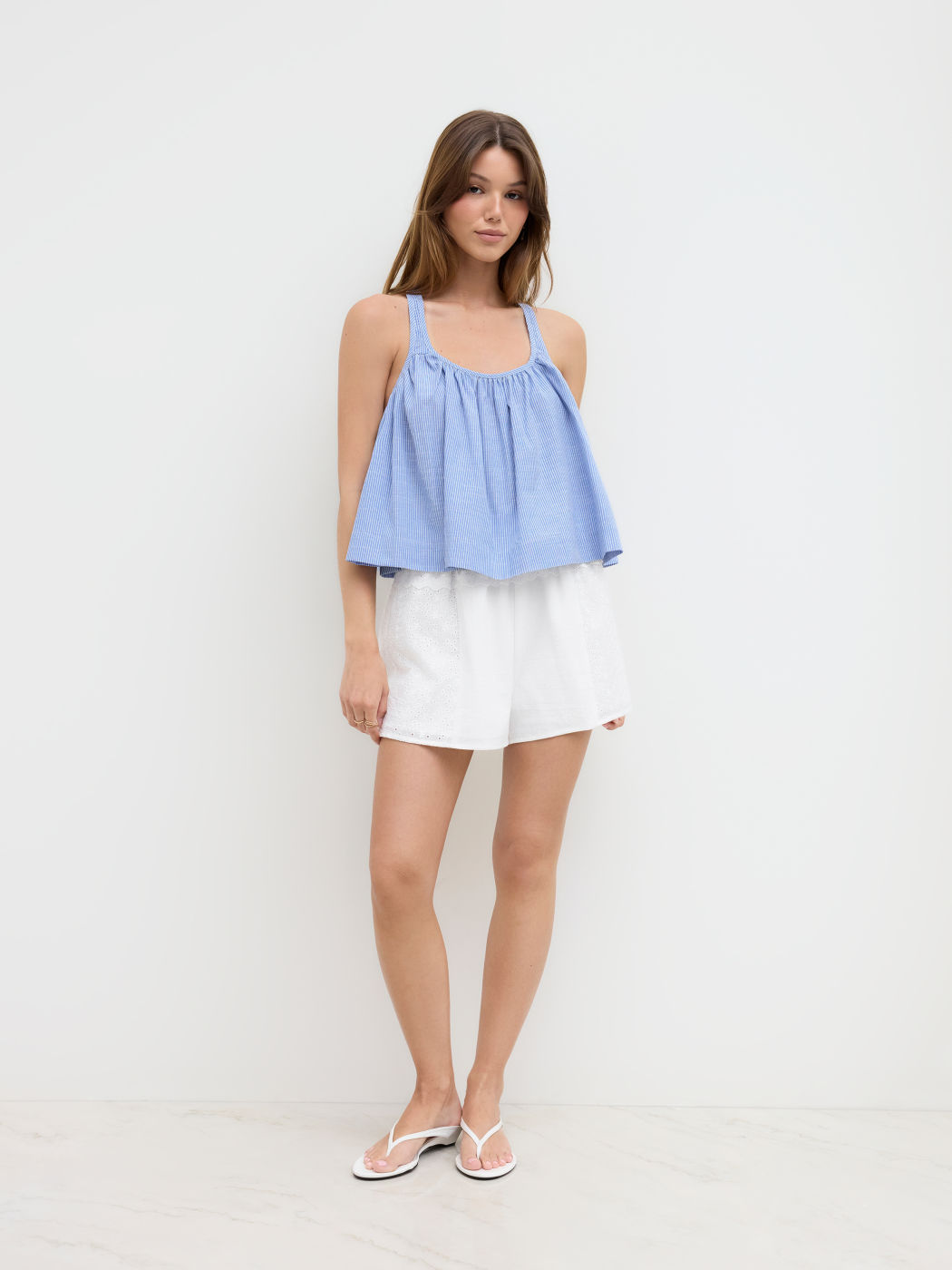 Cotton-blend Stripe Ruched Criss Cross Cami Top