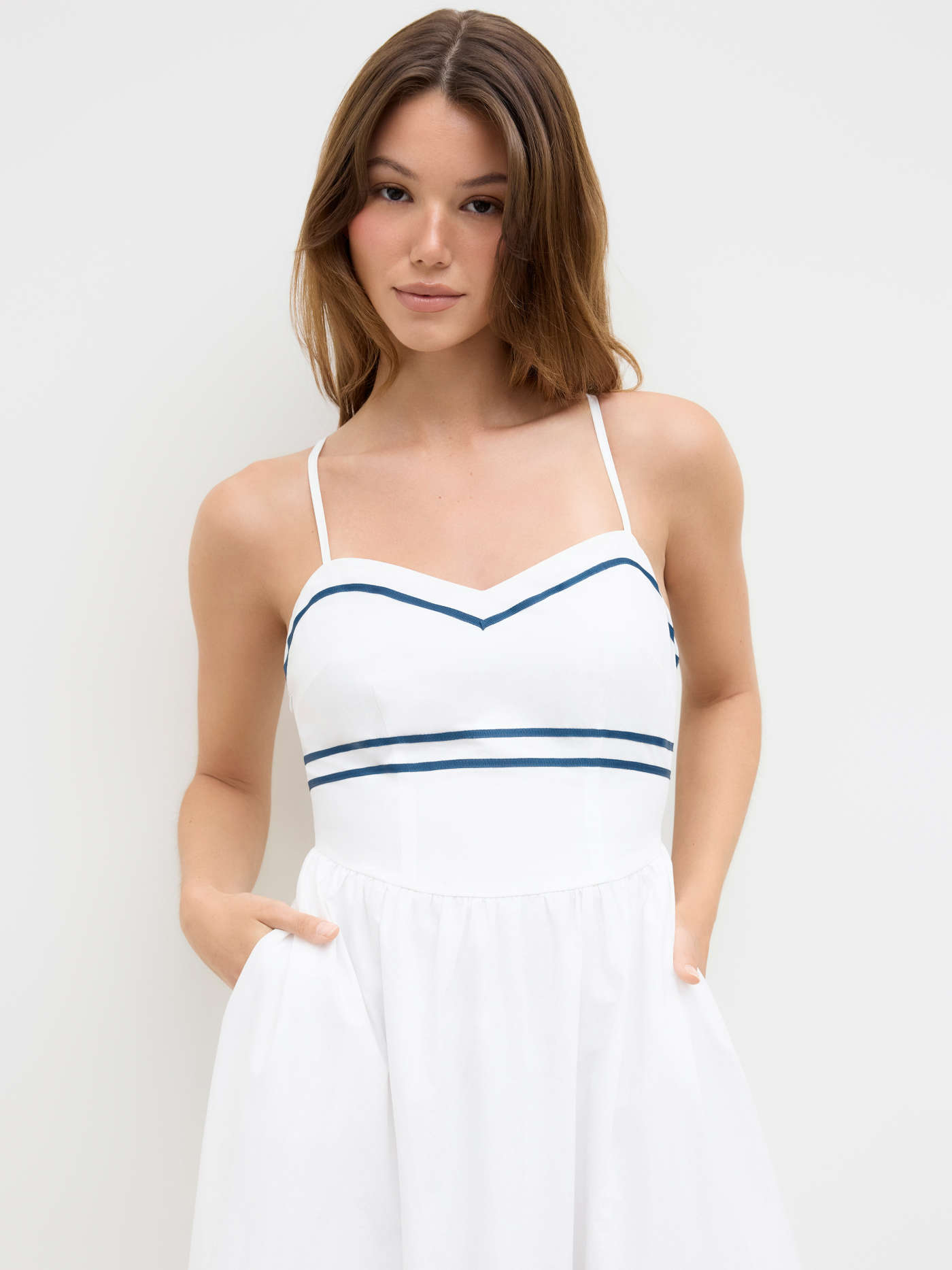 Cotton Contrasting Binding Stripe Knotted Shirred Midi Cami Dress