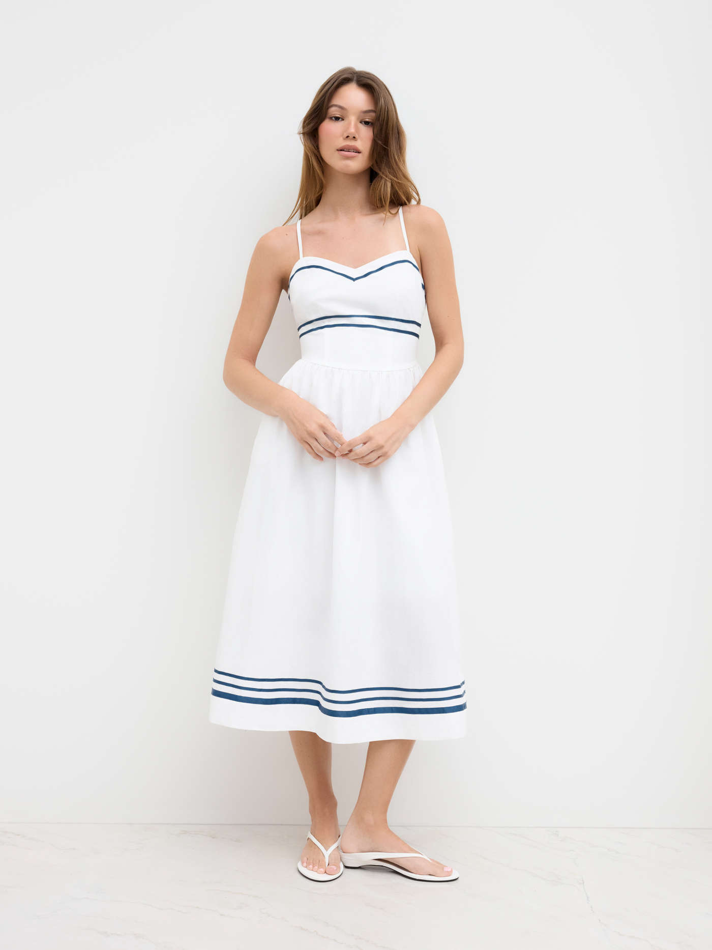 Cotton Contrasting Binding Stripe Knotted Shirred Midi Cami Dress
