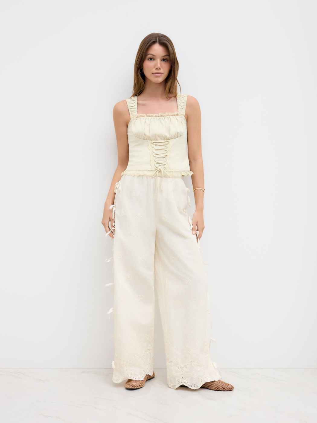 Cotton Mid Rise Elastic Waist Broderie Anglaise Tie Side Bowknot Straight Leg Trousers