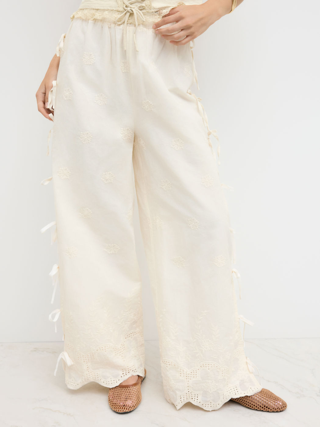 Cotton Mid Rise Elastic Waist Broderie Anglaise Tie Side Bowknot Straight Leg Trousers