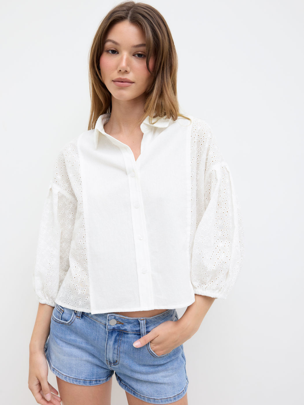 100% Cotton Collar Broderie Anglaise Mid-length Sleeve Oversized Blouse