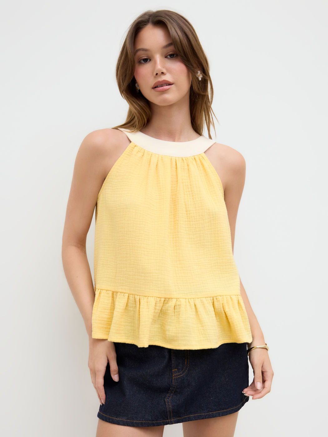 100% Baumwolle Halter-Halslinie mit Schleife und Rüschen, Oversize Oberteil