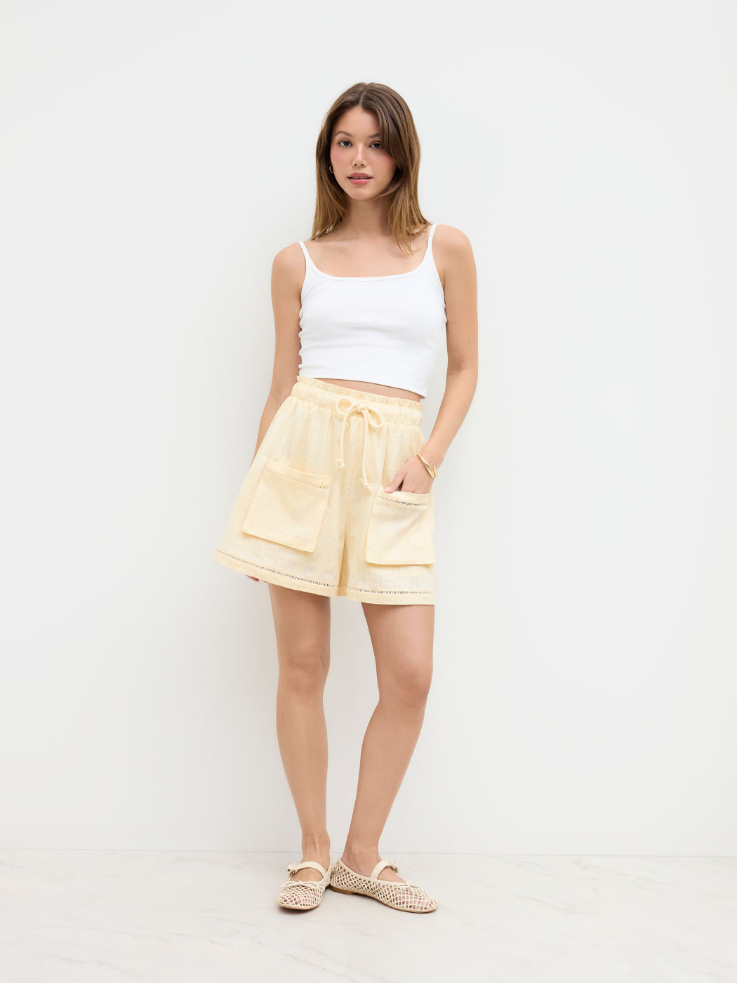 100% Cotton Mid Rise Knotted Lettuce Trim Shorts