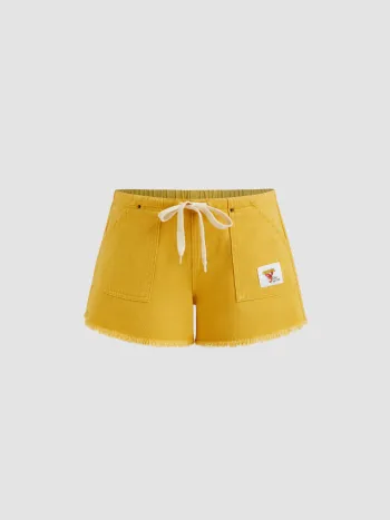 Denim Low Rise Drawstring Knotted Raw Hem Micro Shorts