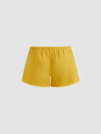Denim Low Rise Drawstring Knotted Raw Hem Micro Shorts
