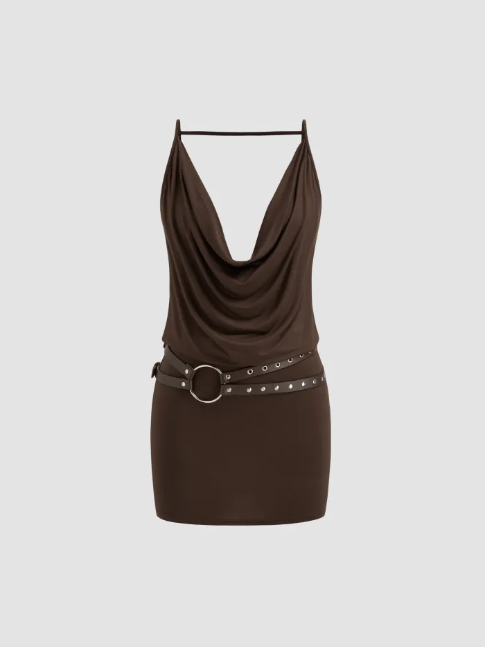 High Neck Ruched Knotted Mini Dress