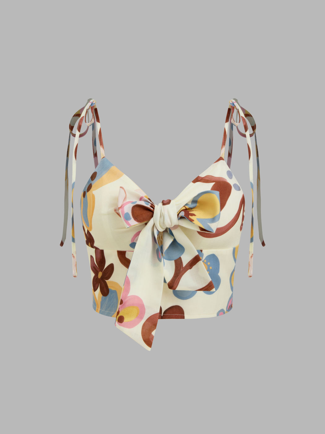 V-neck Floral Bowknot Shirred Crop Cami Top