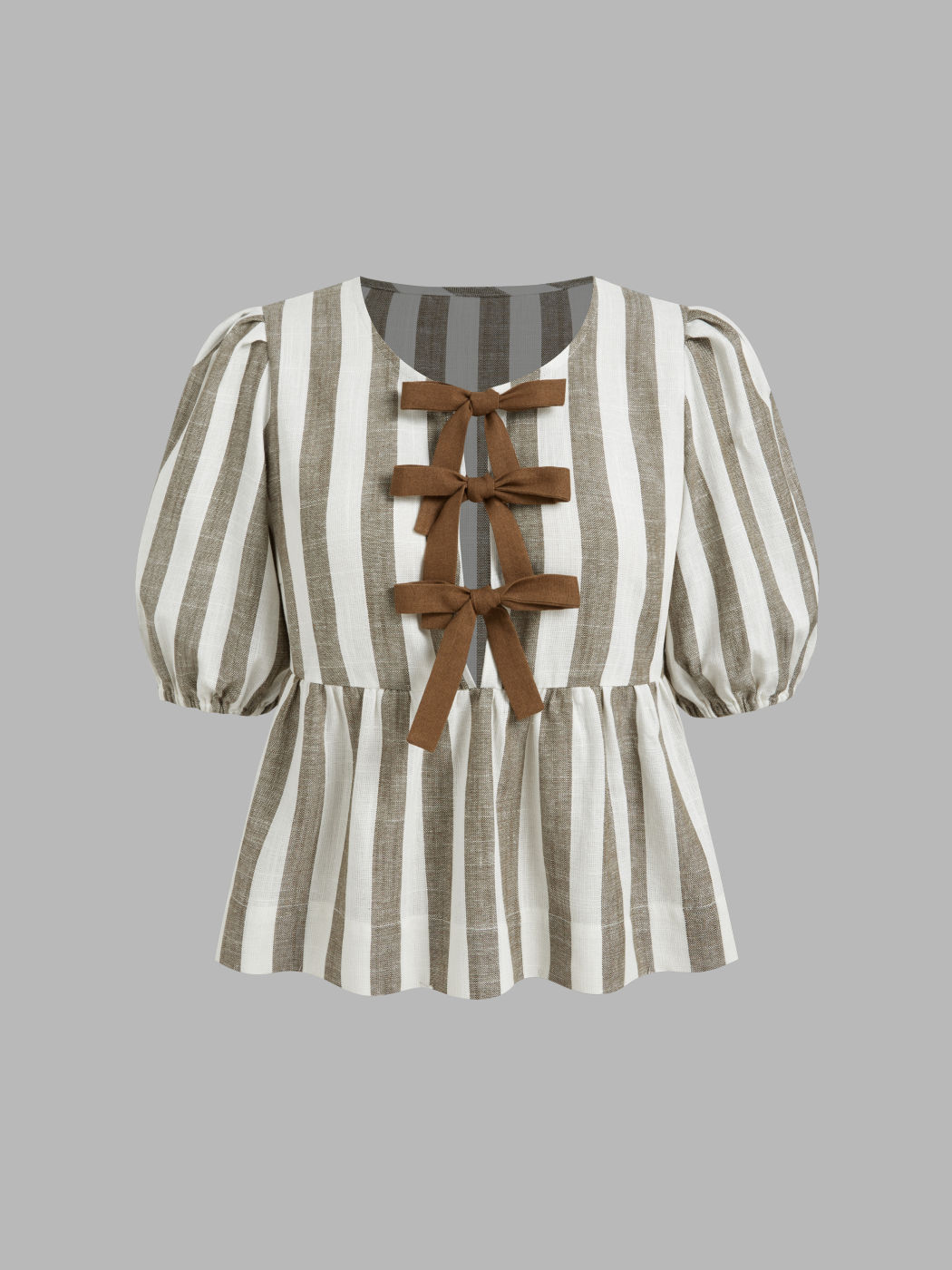 Linen-blend Stripe Bowknot Ruffle Hem Lantern Sleeve Blouse