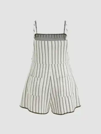Linen-blend Square Neck Stripe Pocket Romper Curve & Plus