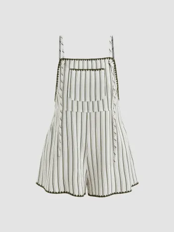 Linen-blend Square Neck Stripe Pocket Romper Curve & Plus