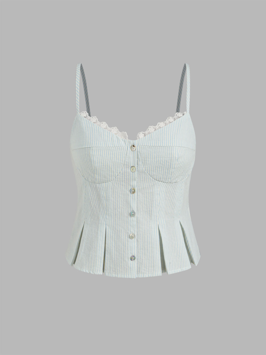 Cotton-Blend Herzausschnitt Streifen Spitze Borten Knopfleiste Cami Oberteil