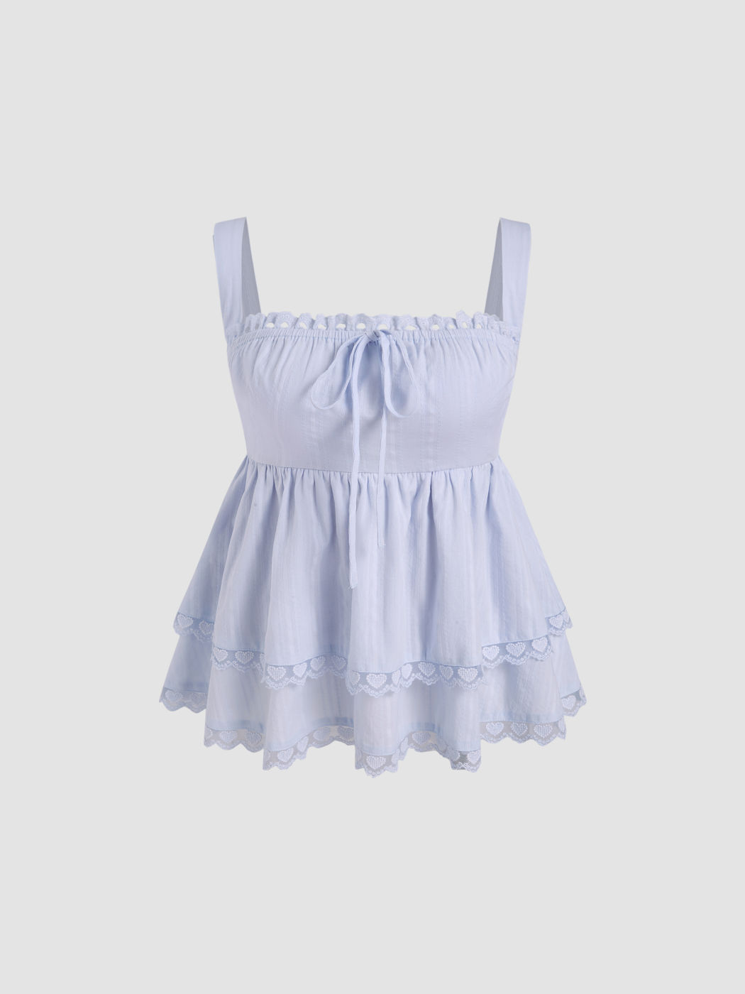 Cotton Knotted Shirred Embroidery Lace Trim Ruffle Hem Cami Top