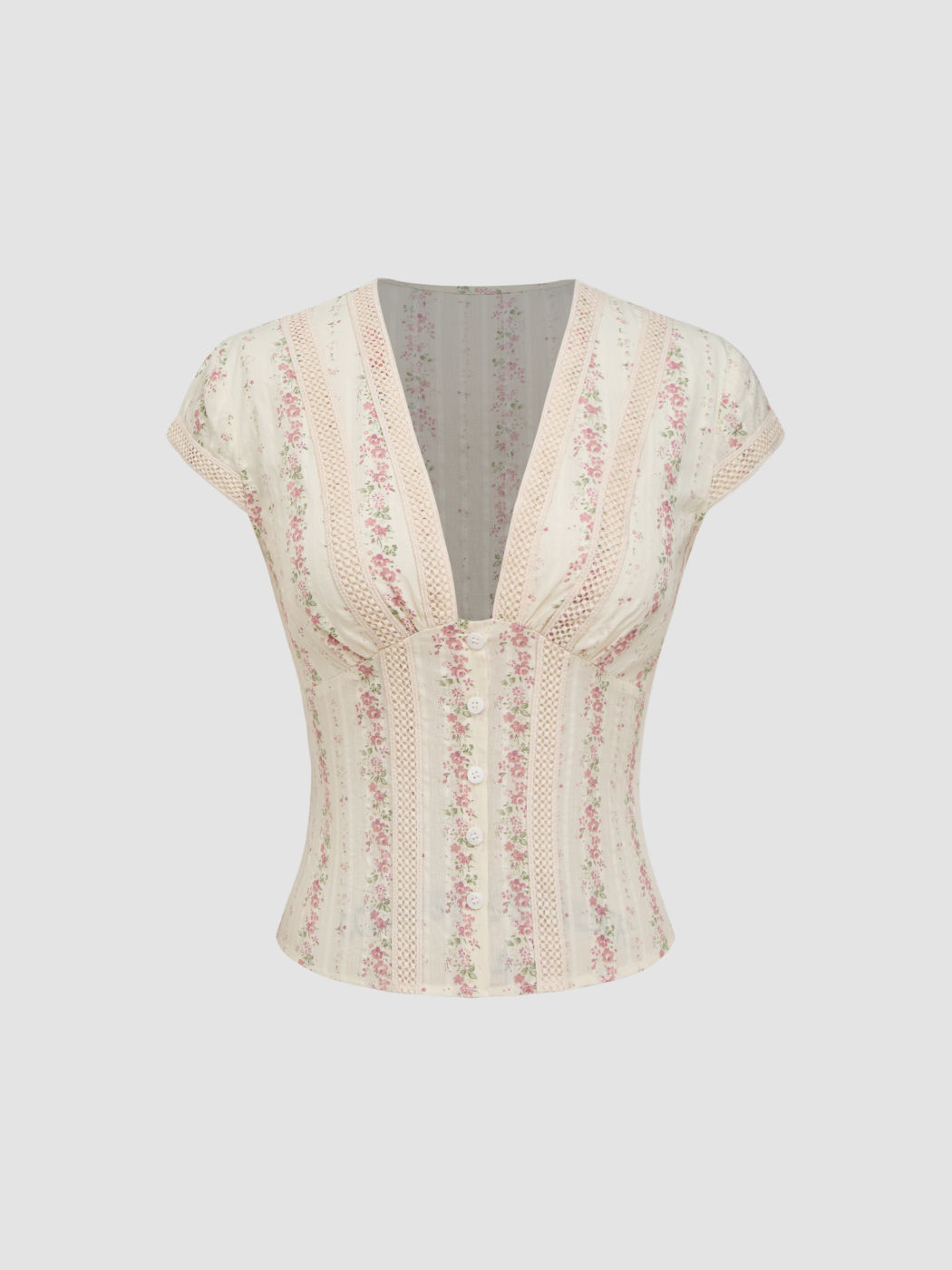 Cotton V-neck Floral Short Sleeve Blouse