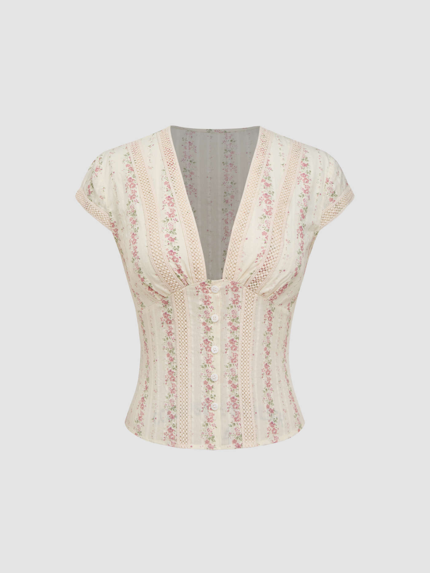 Cotton V-neck Floral Short Sleeve Blouse