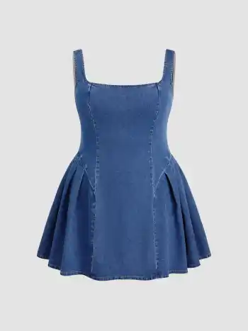 High Stretch Denim Square Neck Ruffle Mini Dress Curve & Plus