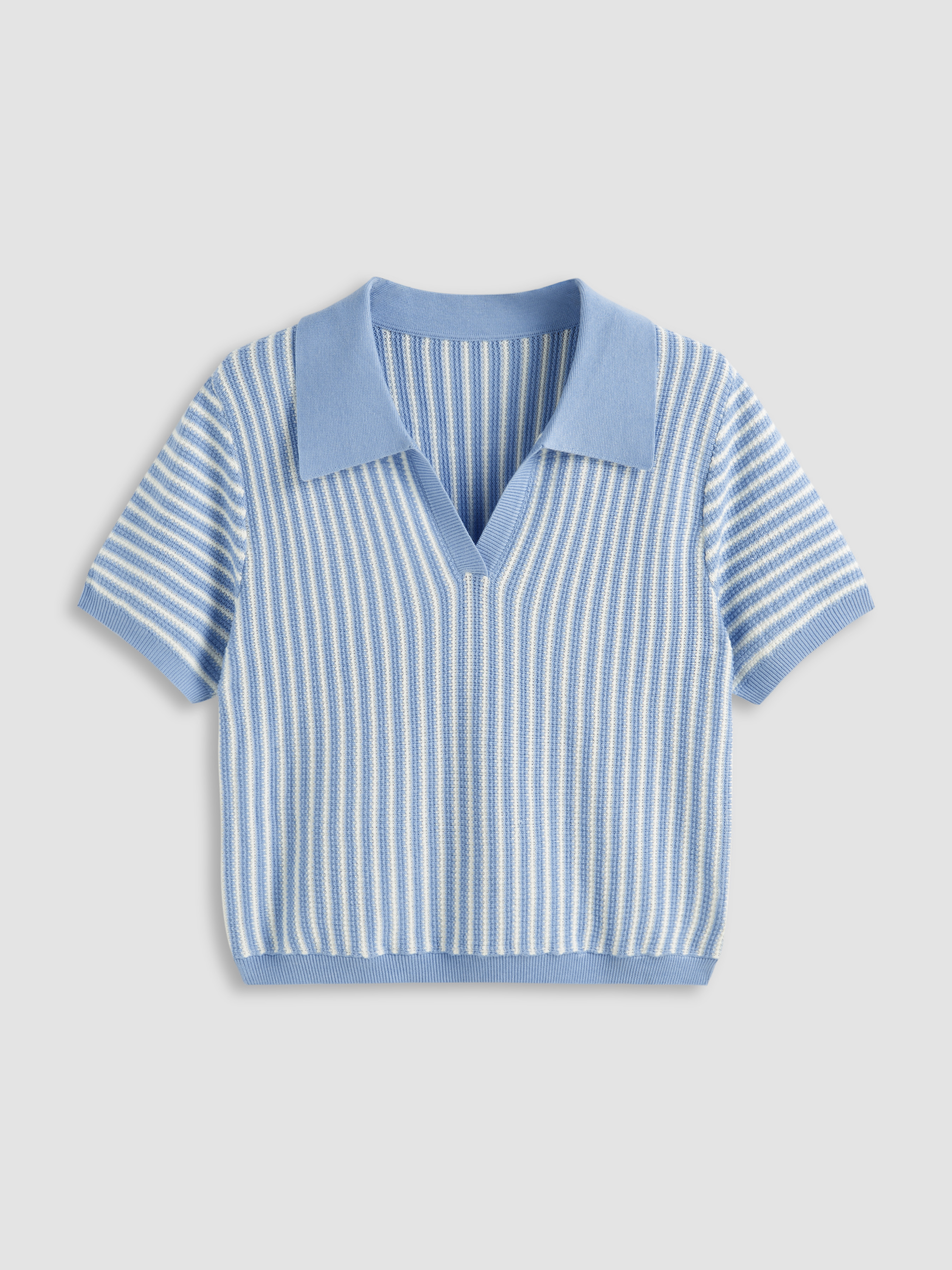 【COSYHARU】Double Stripe Open Collar Short Sleeve Knit two stripe collar short sleeved T-shirt - COSYHARU | 60