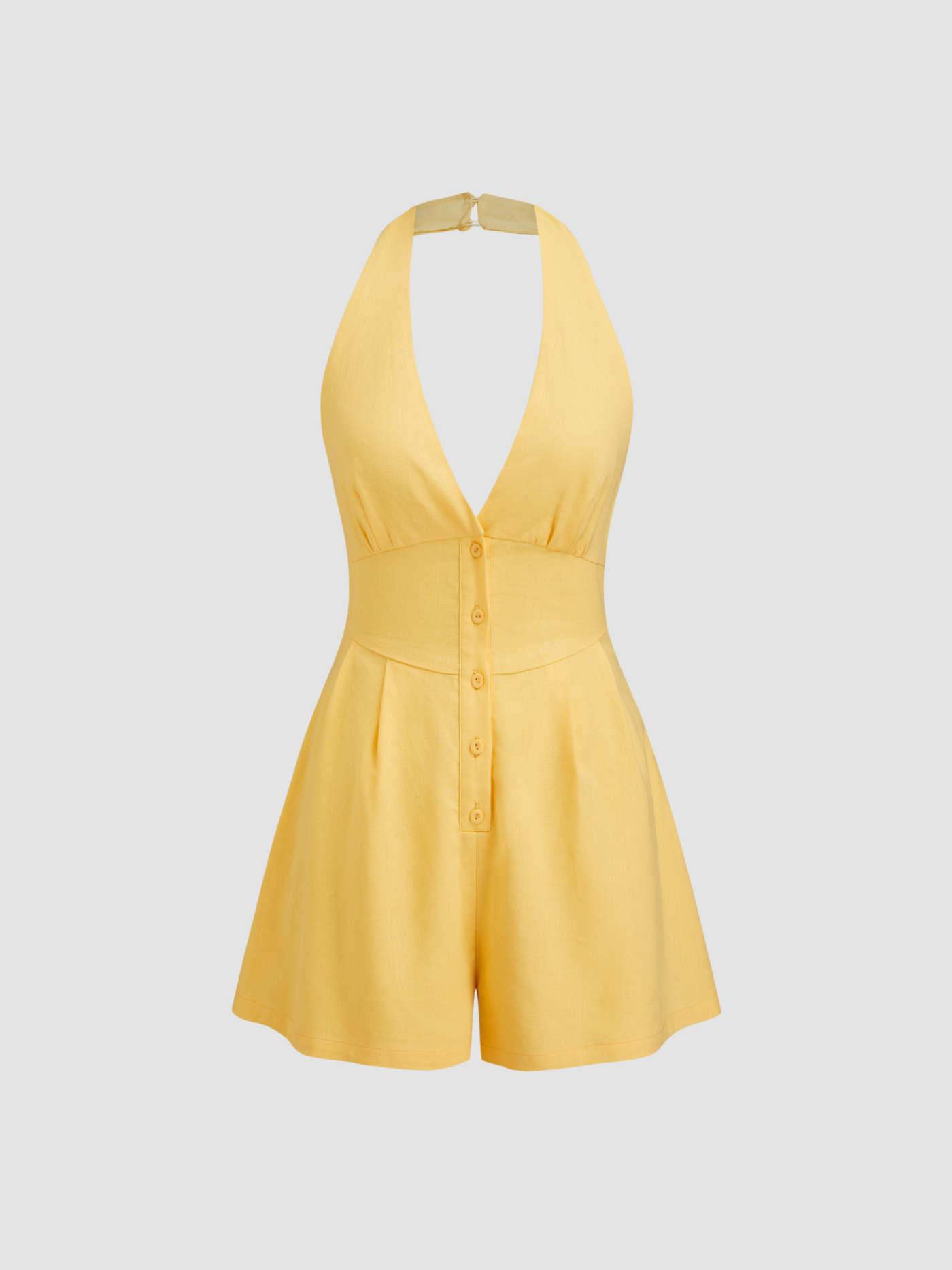 Linen-blend V-neck Button Bowknot Backless Romper